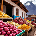 **A vibrant marketplace in the Andes, filled with colorful potatoes of various shapes and sizes. In the background, show traditional Andean clothing and architecture.** (Focus on South American ingredients)