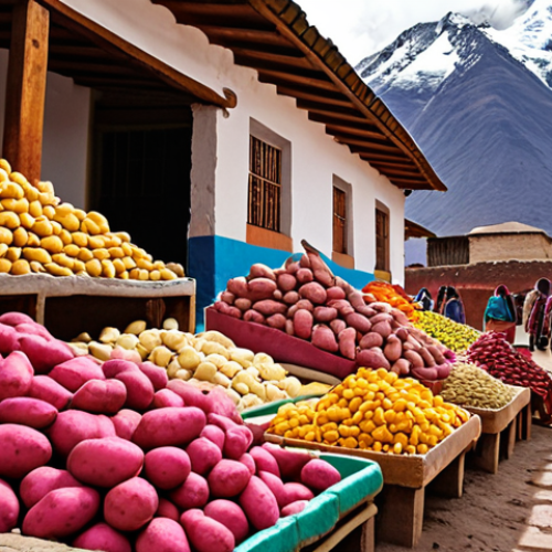 **A vibrant marketplace in the Andes, filled with colorful potatoes of various shapes and sizes. In the background, show traditional Andean clothing and architecture.** (Focus on South American ingredients)