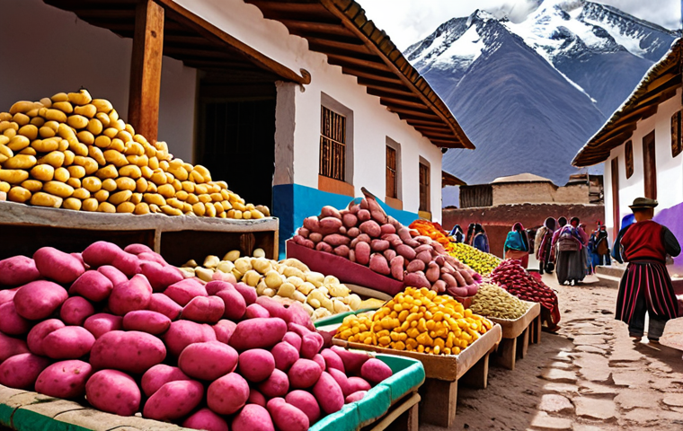 **A vibrant marketplace in the Andes, filled with colorful potatoes of various shapes and sizes. In the background, show traditional Andean clothing and architecture.** (Focus on South American ingredients)