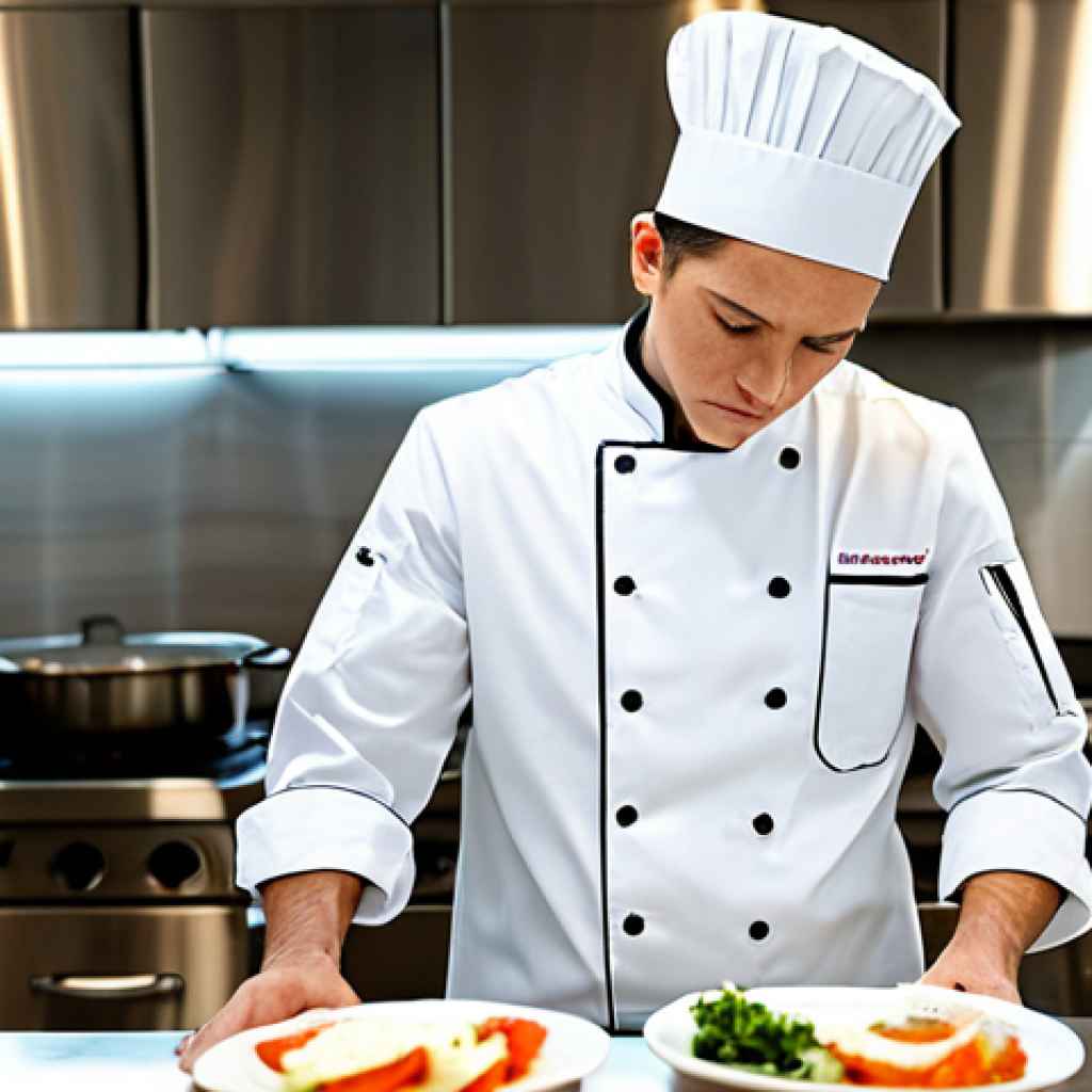 국제요리사 실기시험 중 주의할 점 - Confident Chef Preparing for Exam**

A focused culinary student in a clean chef's uniform, fully clo...