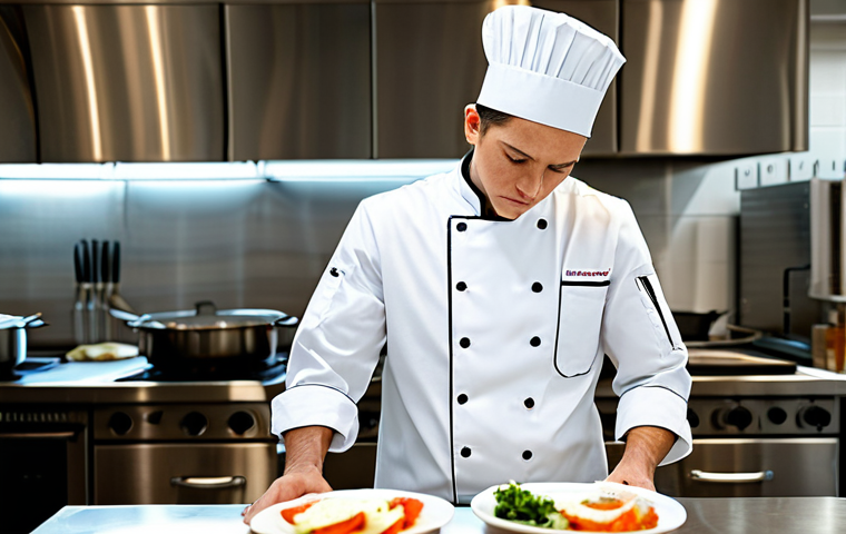 국제요리사 실기시험 중 주의할 점 - Confident Chef Preparing for Exam**

A focused culinary student in a clean chef's uniform, fully clo...