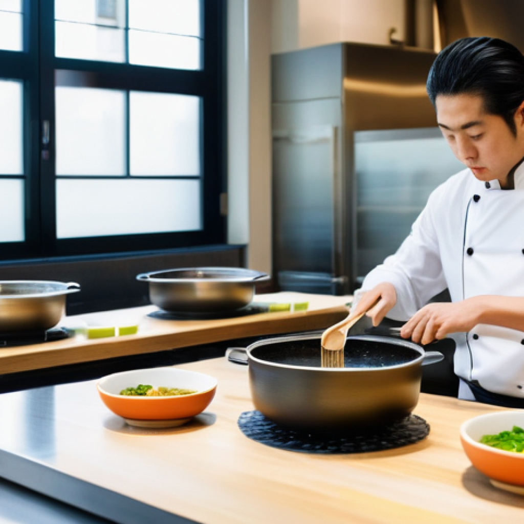 요리사로서의 글로벌 인증 - **A highly skilled Japanese chef, mid-30s, meticulously demonstrating delicate dashi preparation in ...
