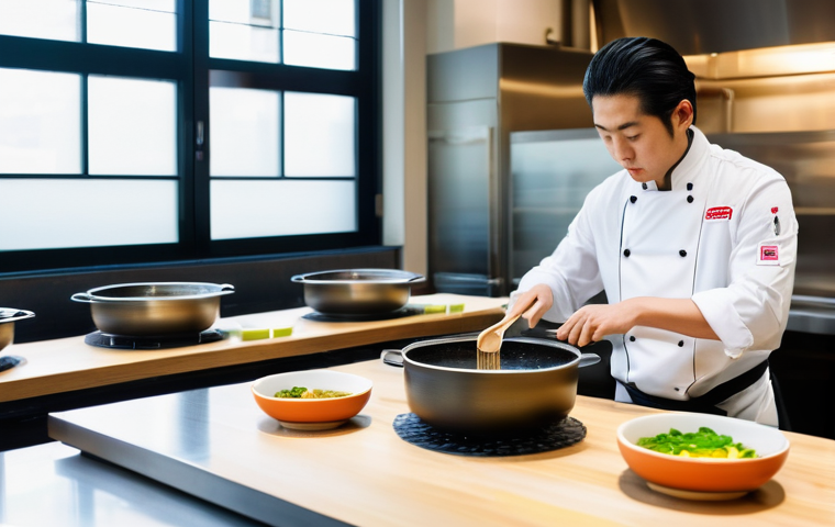 요리사로서의 글로벌 인증 - **A highly skilled Japanese chef, mid-30s, meticulously demonstrating delicate dashi preparation in ...