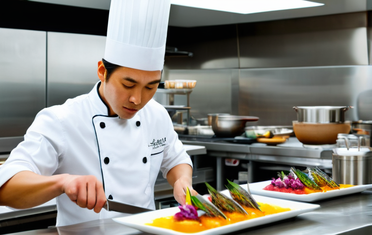요리사로서의 글로벌 인증 - **A highly skilled Japanese chef, mid-30s, meticulously demonstrating delicate dashi preparation in ...