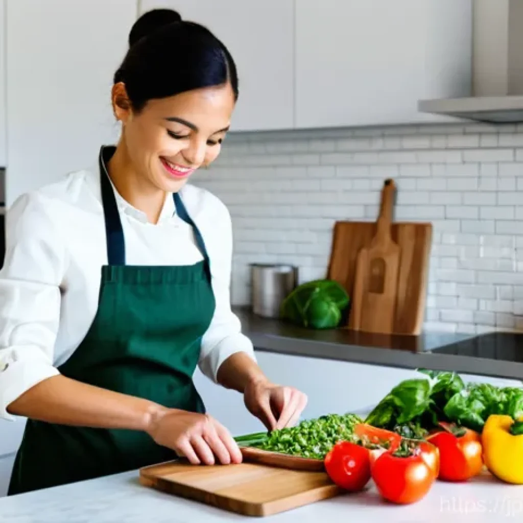 요리사로서 실습 환경 조성하기 - **Prompt: A bright, modern kitchen where a cheerful woman in her late 20s, wearing a stylish apron o...