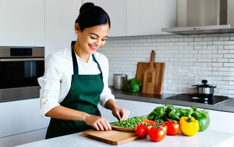 요리사로서 실습 환경 조성하기 - **Prompt: A bright, modern kitchen where a cheerful woman in her late 20s, wearing a stylish apron o...