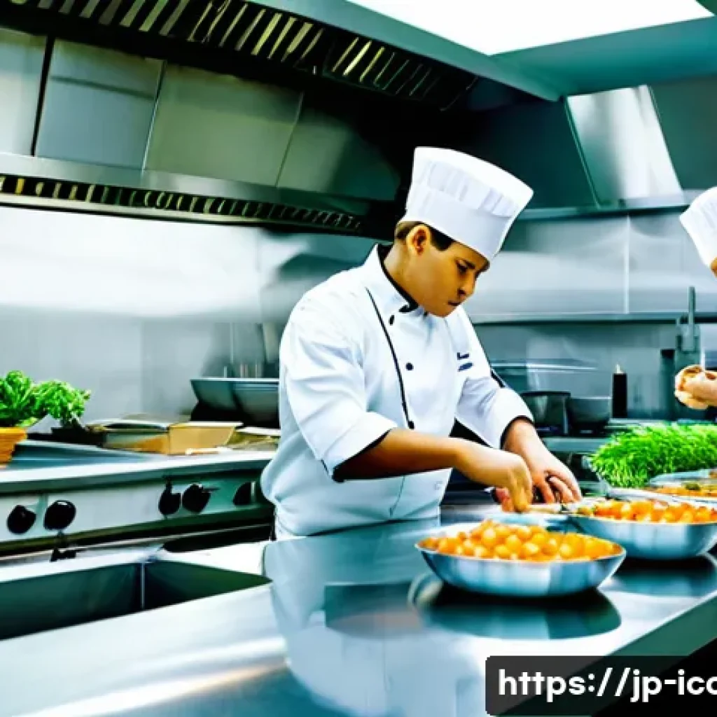 국제요리사 시험 응시 자격 조건 - **Prompt 1: International Kitchen Collaboration**
"A vibrant, high-energy scene inside a clean, ...
