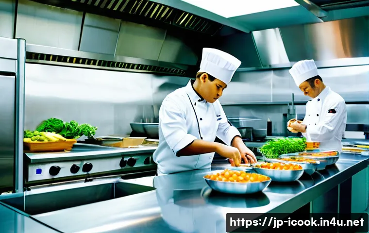 국제요리사 시험 응시 자격 조건 - **Prompt 1: International Kitchen Collaboration**
    "A vibrant, high-energy scene inside a clean, ...