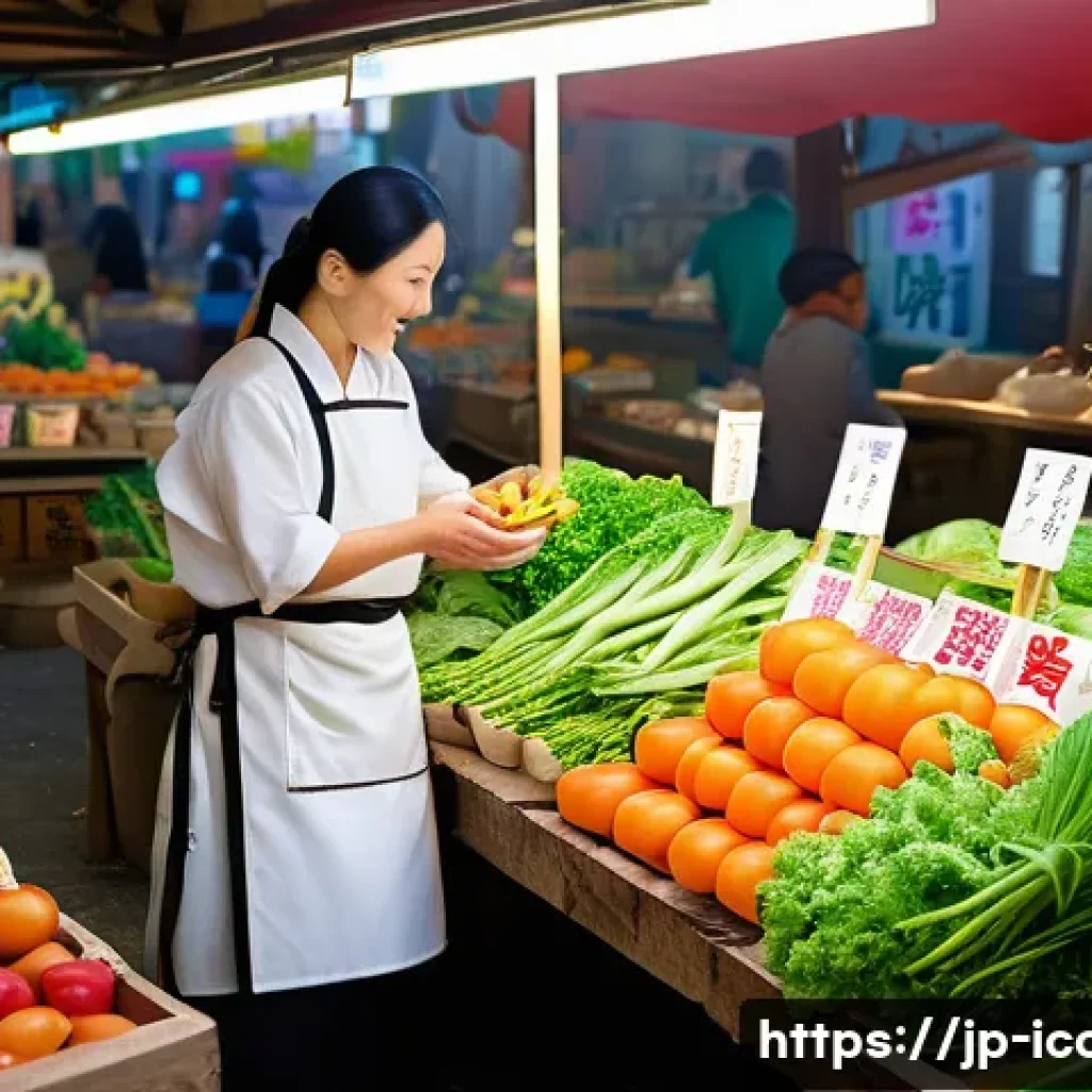 요리사로서 음식 트렌드 분석법 - A vibrant local Japanese farmers&rsquo; market scene in spring, featuring fresh seasonal vegetables and fr...