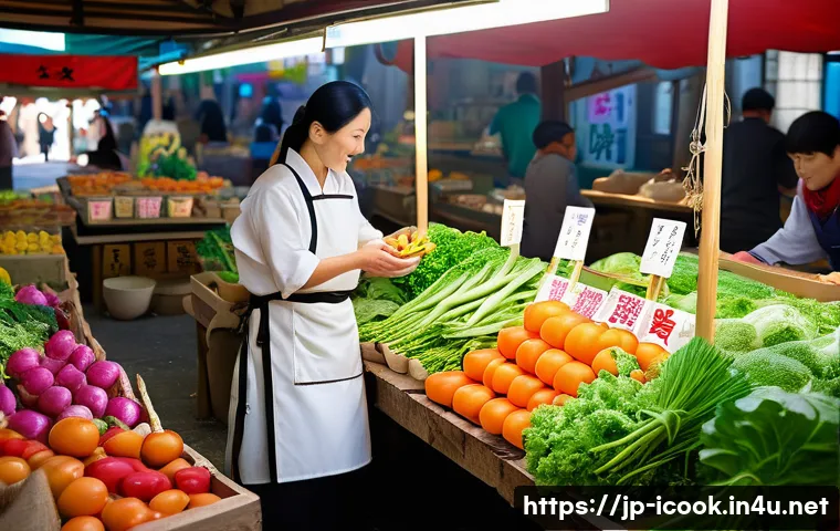 요리사로서 음식 트렌드 분석법 - A vibrant local Japanese farmers&rsquo; market scene in spring, featuring fresh seasonal vegetables and fr...