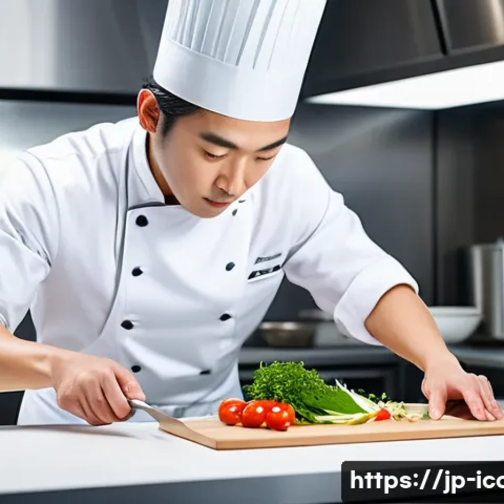 국제요리사 자격증 취득 후기 - A professional Japanese chef practicing intricate plating techniques in a modern kitchen, wearing a ...