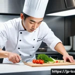 국제요리사 자격증 취득 후기 - A professional Japanese chef practicing intricate plating techniques in a modern kitchen, wearing a ...