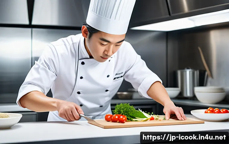 국제요리사 자격증 취득 후기 - A professional Japanese chef practicing intricate plating techniques in a modern kitchen, wearing a ...