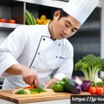 요리사 실기시험 성공 비결 - A professional Japanese chef in a clean, modern kitchen setting, wearing a crisp white chef&rsquo;s jacket...