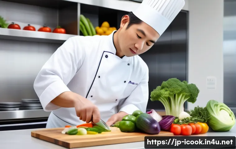 요리사 실기시험 성공 비결 - A professional Japanese chef in a clean, modern kitchen setting, wearing a crisp white chef&rsquo;s jacket...