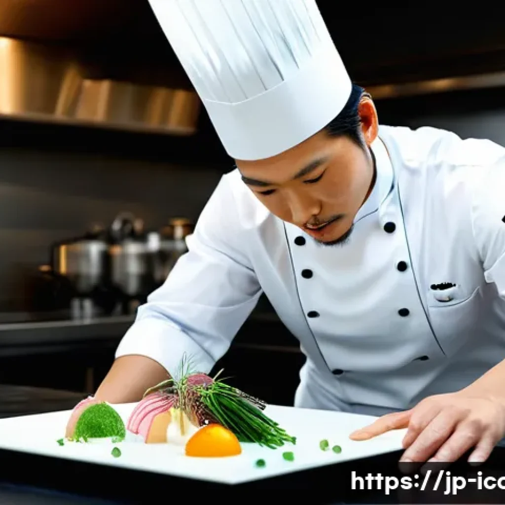 국제요리사 자격증 갱신 주기 - A professional Japanese chef in modern kitchen attire carefully arranging a sophisticated molecular ...
