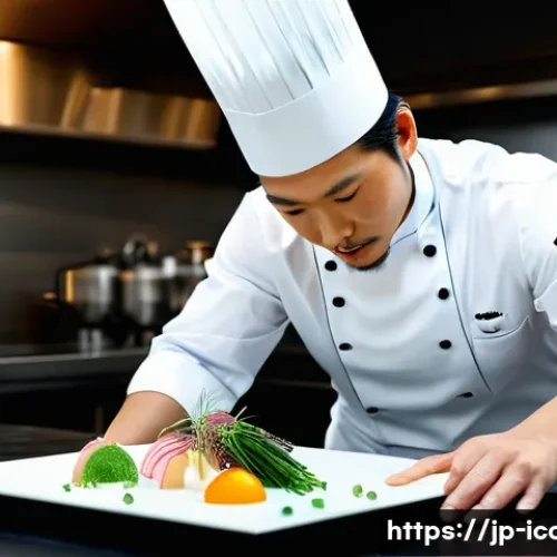 국제요리사 자격증 갱신 주기 - A professional Japanese chef in modern kitchen attire carefully arranging a sophisticated molecular ...