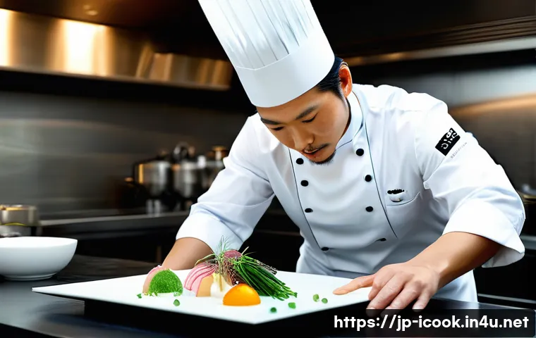 국제요리사 자격증 갱신 주기 - A professional Japanese chef in modern kitchen attire carefully arranging a sophisticated molecular ...