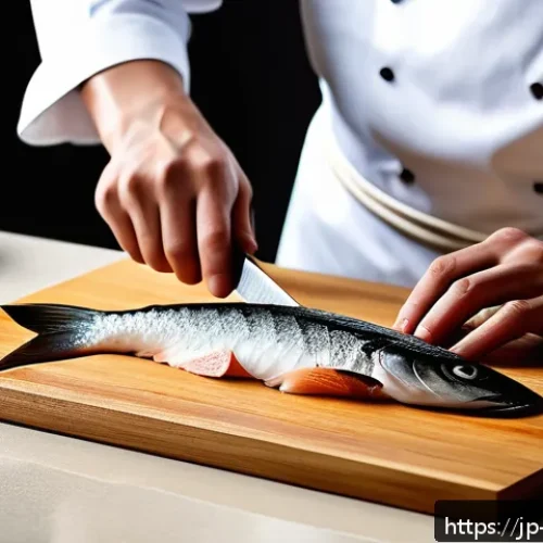 요리사로서 조리 도구 선택 가이드 - A modern Japanese kitchen scene featuring a professional chef&rsquo;s hands skillfully using a thin, sharp...