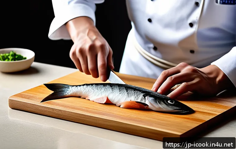 요리사로서 조리 도구 선택 가이드 - A modern Japanese kitchen scene featuring a professional chef&rsquo;s hands skillfully using a thin, sharp...