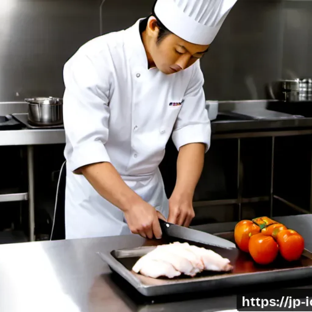 국제요리사 시험 응시생이 범하기 쉬운 실수 - Photorealistic commercial kitchen during an international culinary certification exam, a nervous Jap...