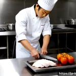 국제요리사 시험 응시생이 범하기 쉬운 실수 - Photorealistic commercial kitchen during an international culinary certification exam, a nervous Jap...