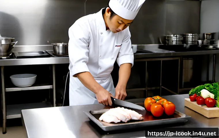 국제요리사 시험 응시생이 범하기 쉬운 실수 - Photorealistic commercial kitchen during an international culinary certification exam, a nervous Jap...
